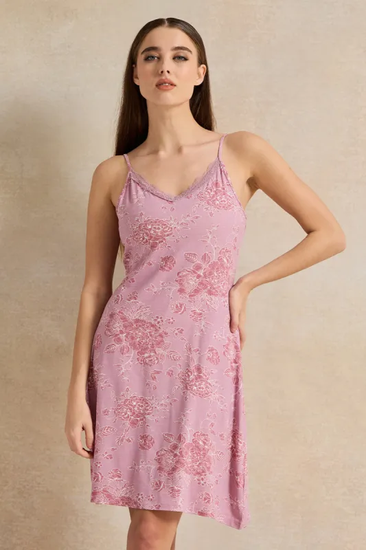 Women Pink Print Basic Chemise With Lace sold by Redtag