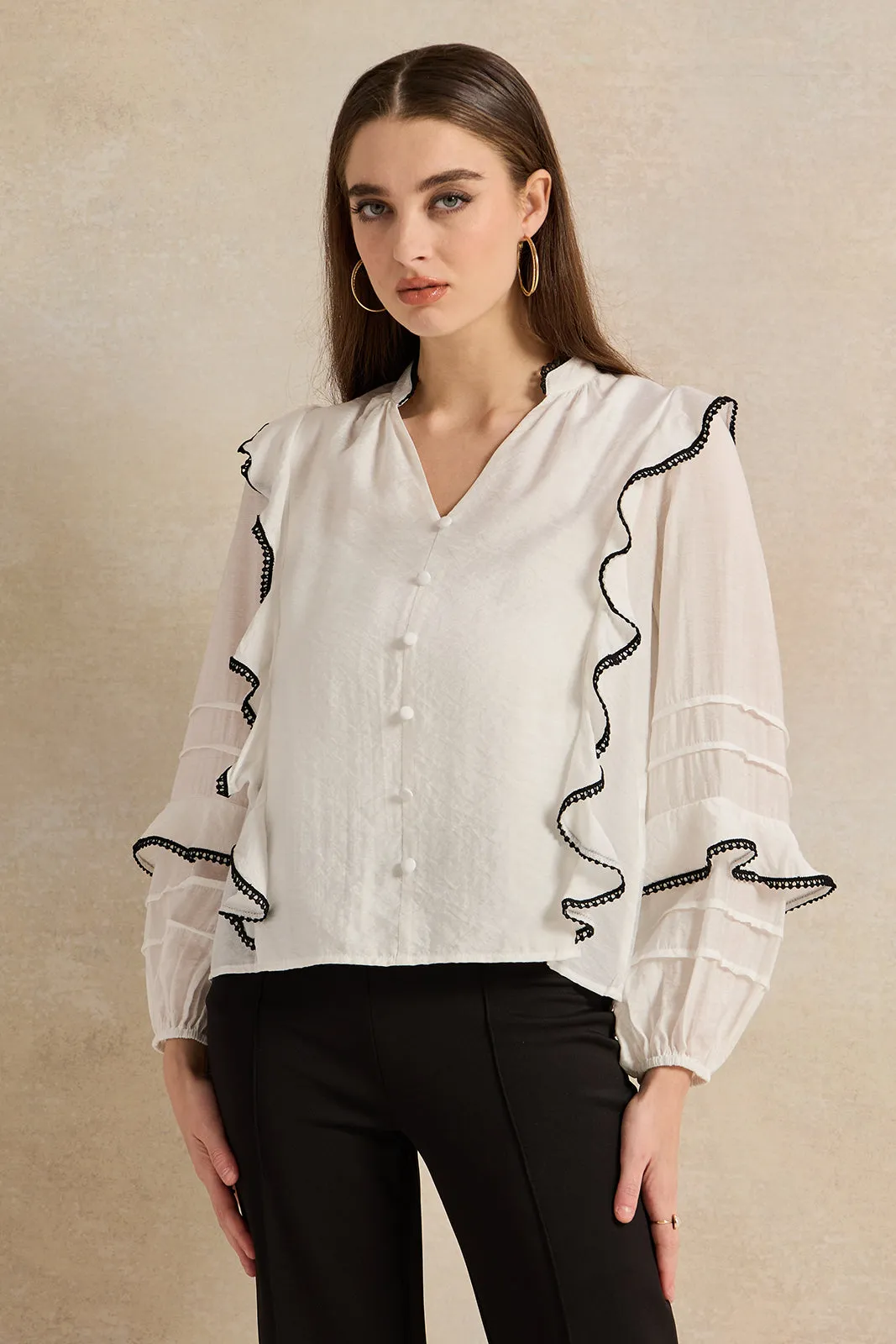 Women Ivory Contrast Edge Ruffle Blouse sold by Redtag