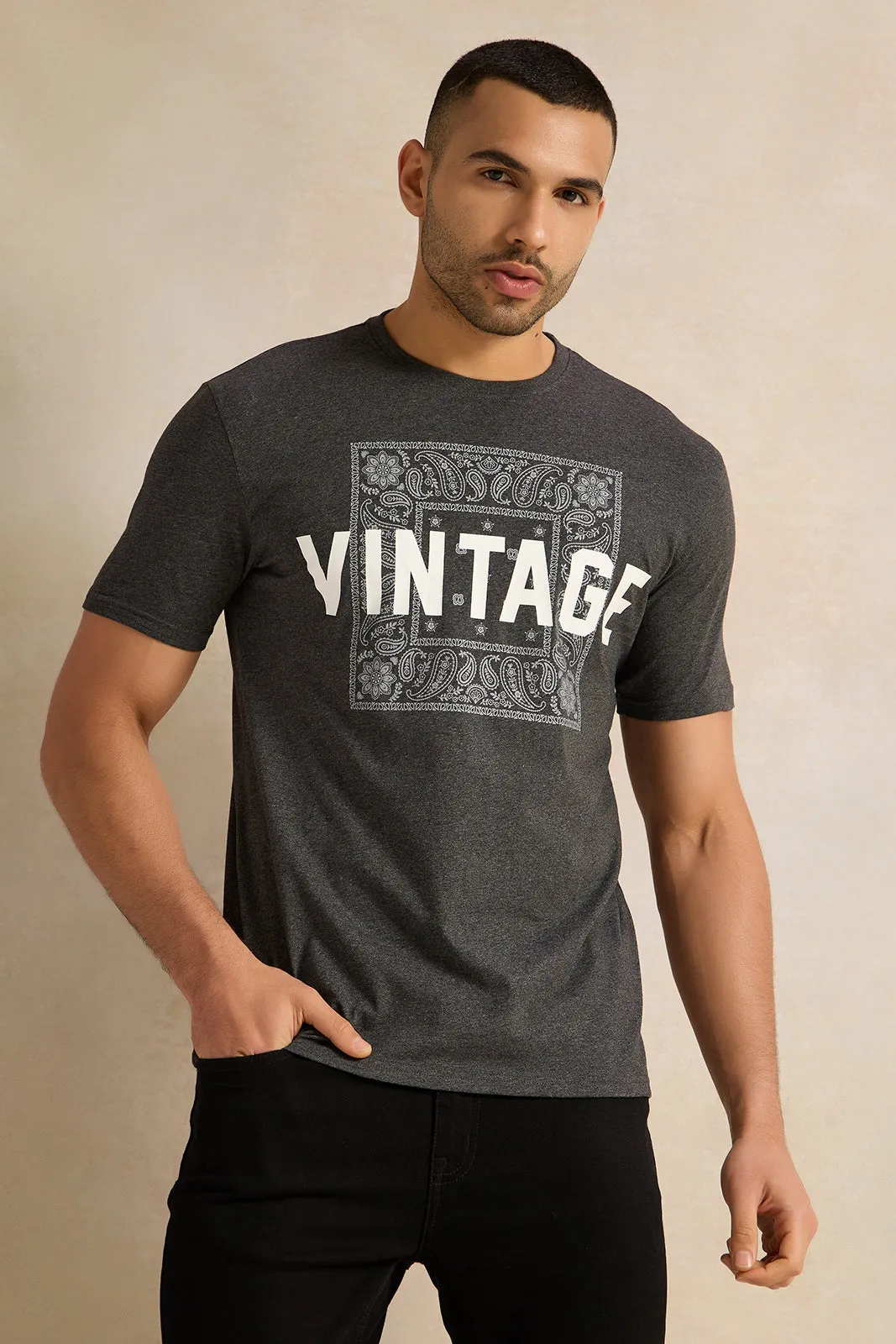 Men Charcoal Graphic T-Shirt sold by Redtag