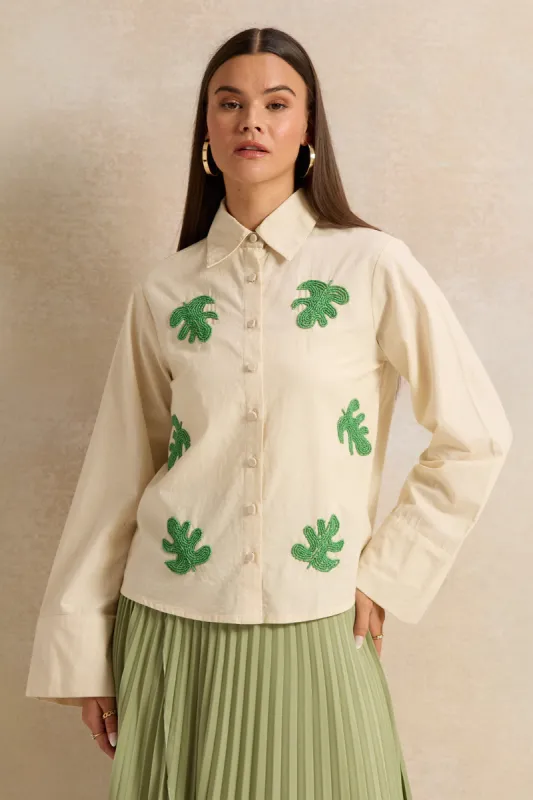 Women Beige Palm Leaf Beaded Shirt sold by Redtag