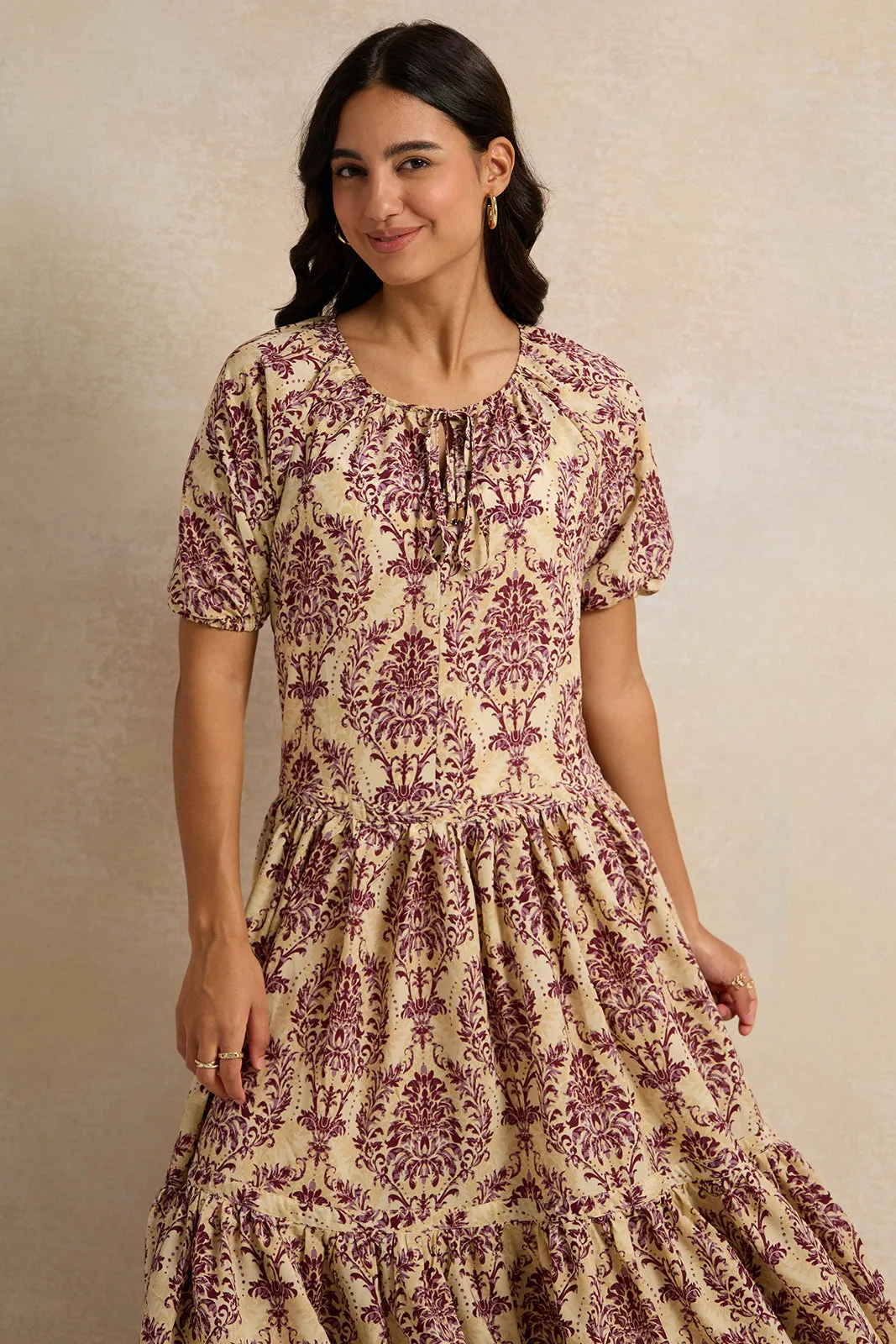 Women Beige Printed Tiered Dress sold by Redtag product image thumbnail 2