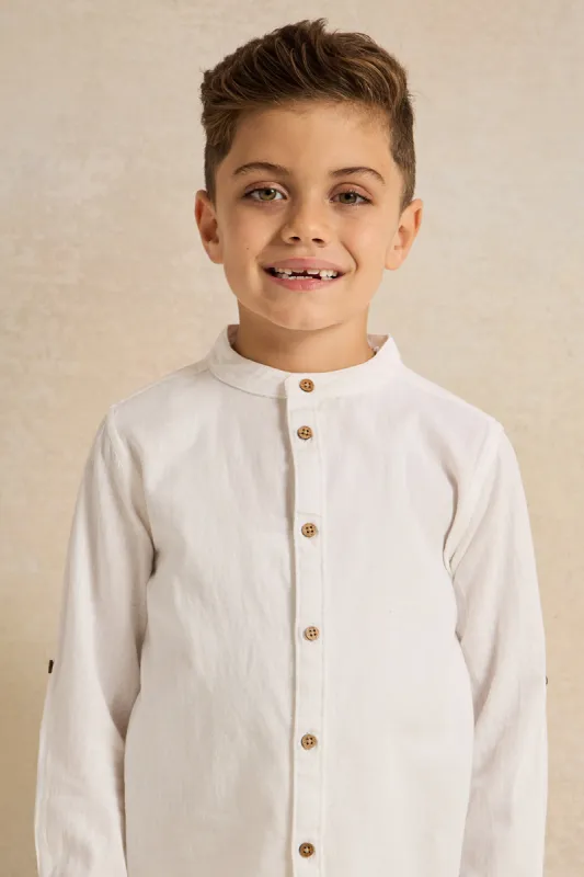 Boys White Mandarin Collar Shirt sold by Redtag