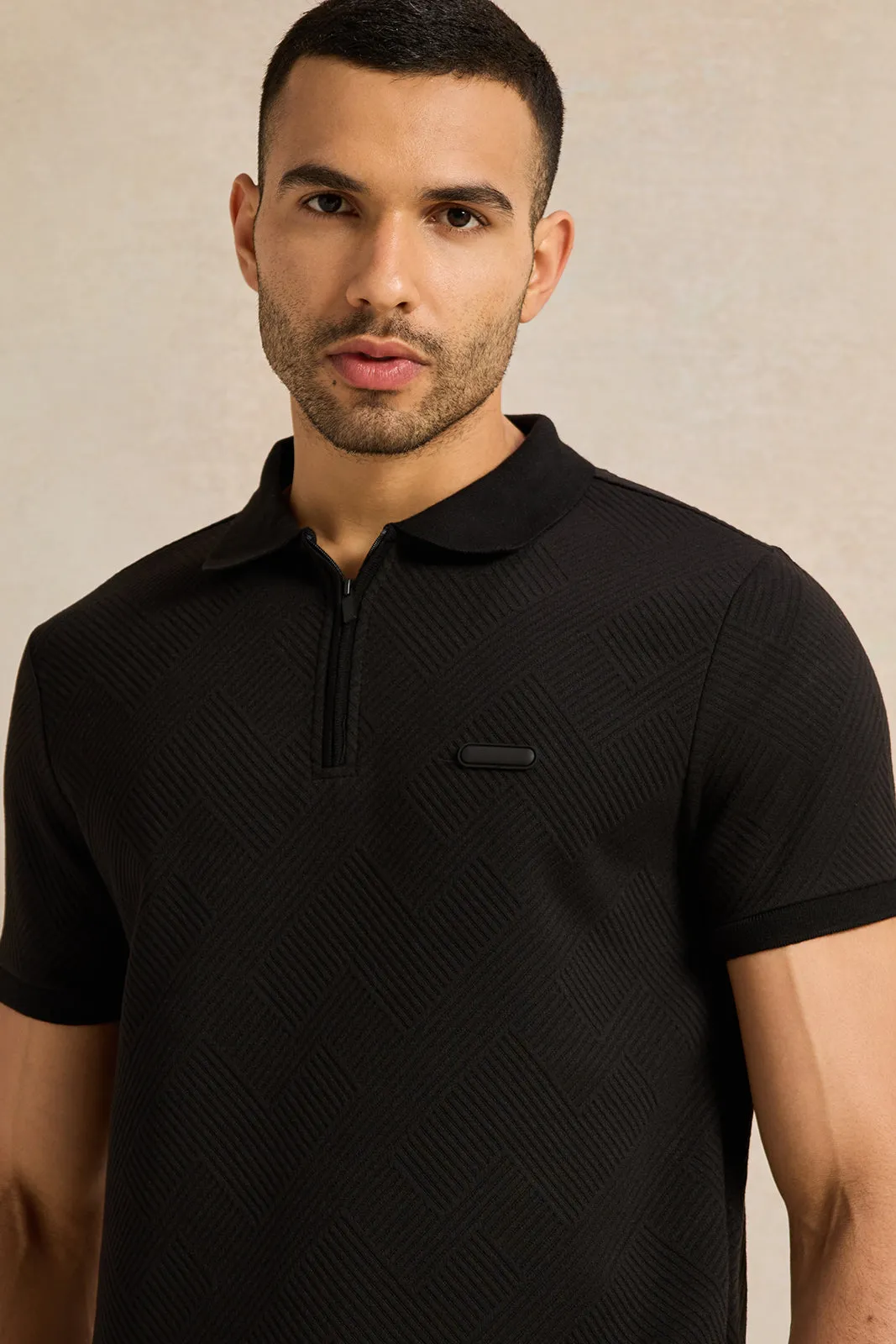 Men Black Jacquard Polo Shirt sold by Redtag product image thumbnail 4