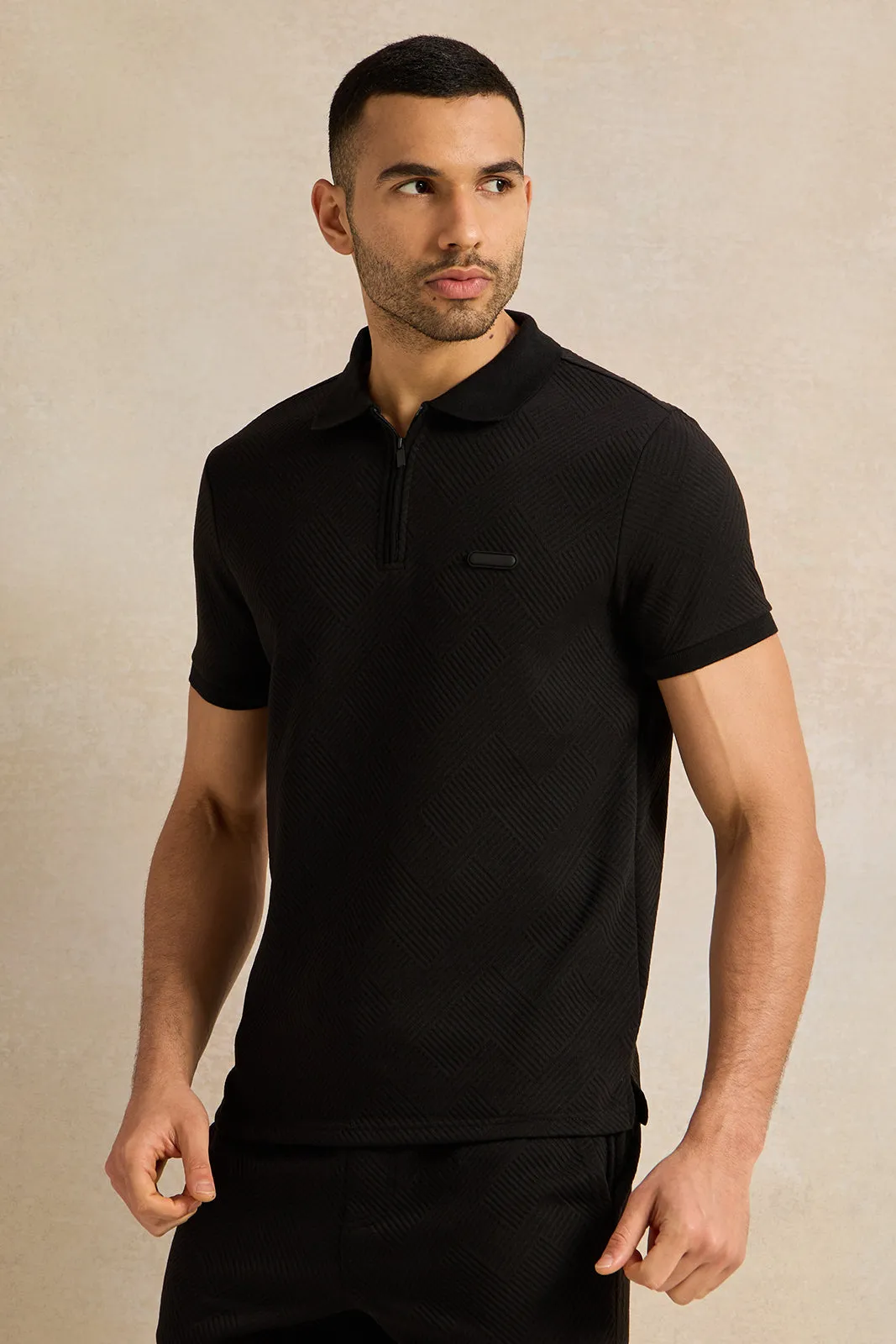 Men Black Jacquard Polo Shirt sold by Redtag
