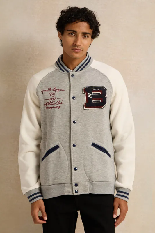 Men Grey Embellished Baseball Jacket sold by Redtag