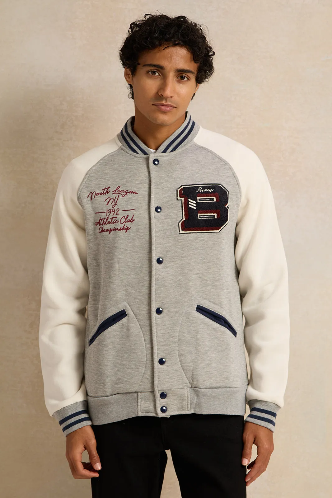 Men Grey Embellished Baseball Jacket sold by Redtag