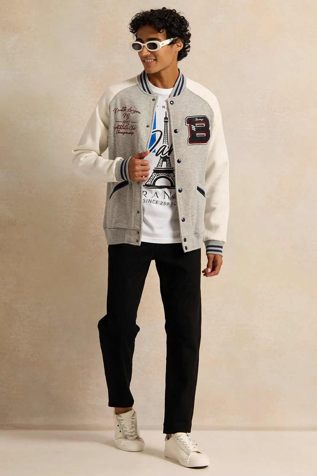 Men Grey Embellished Baseball Jacket sold by Redtag product image thumbnail 2