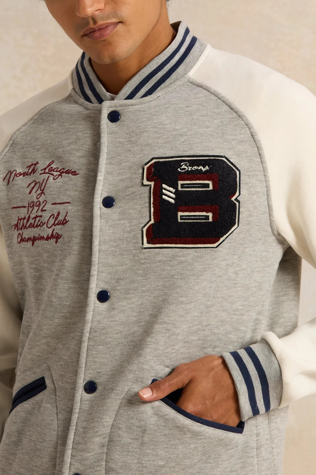 Men Grey Embellished Baseball Jacket sold by Redtag product image thumbnail 4