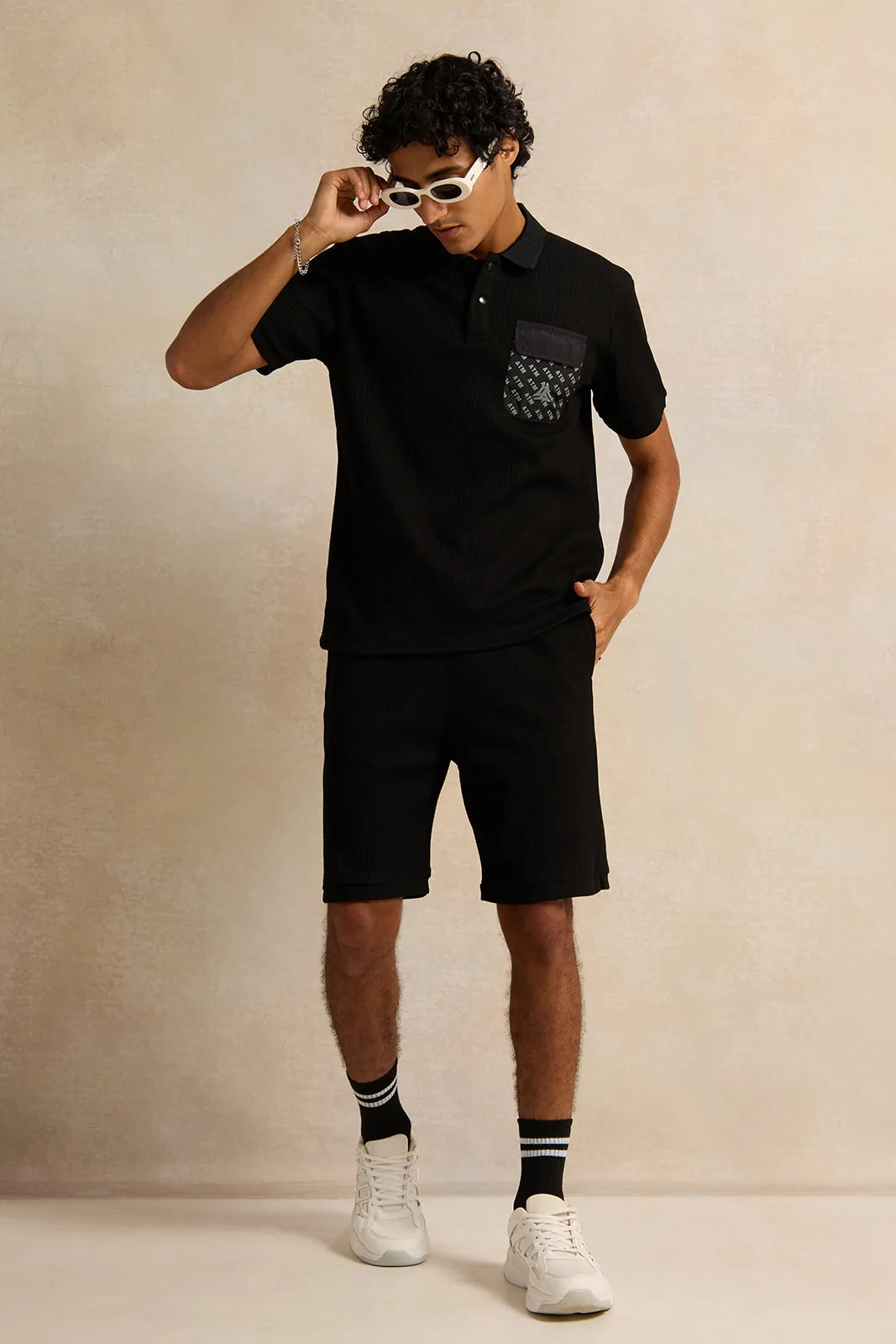 Men Black Ribbed Active Shorts sold by Redtag product image thumbnail 2