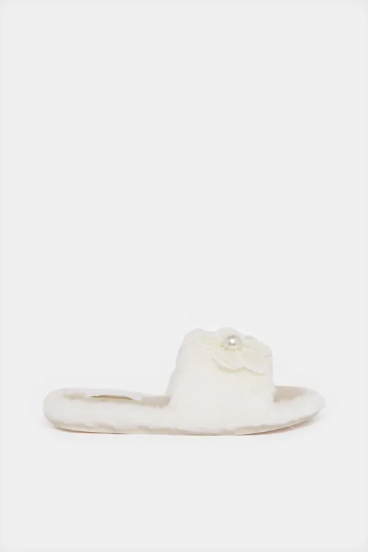 Women Beige Flower Trim Slipper sold by Redtag