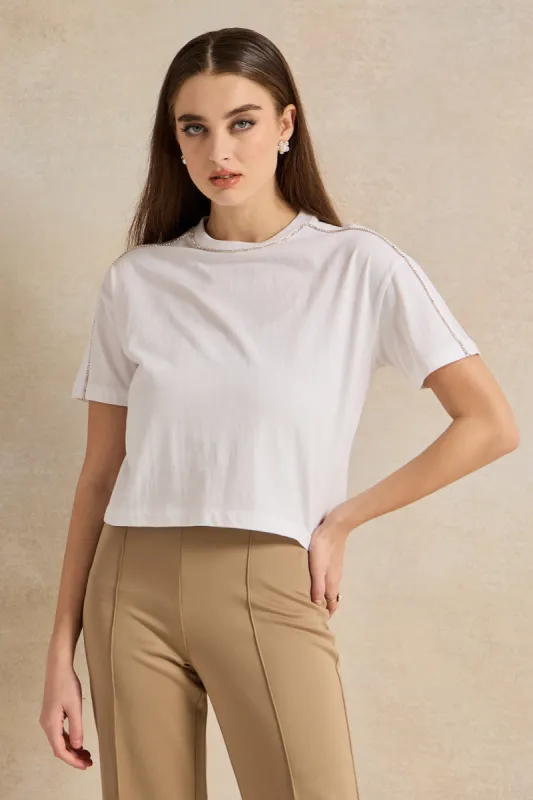 Women Ivory Rhinestone Detail T-Shirt sold by Redtag