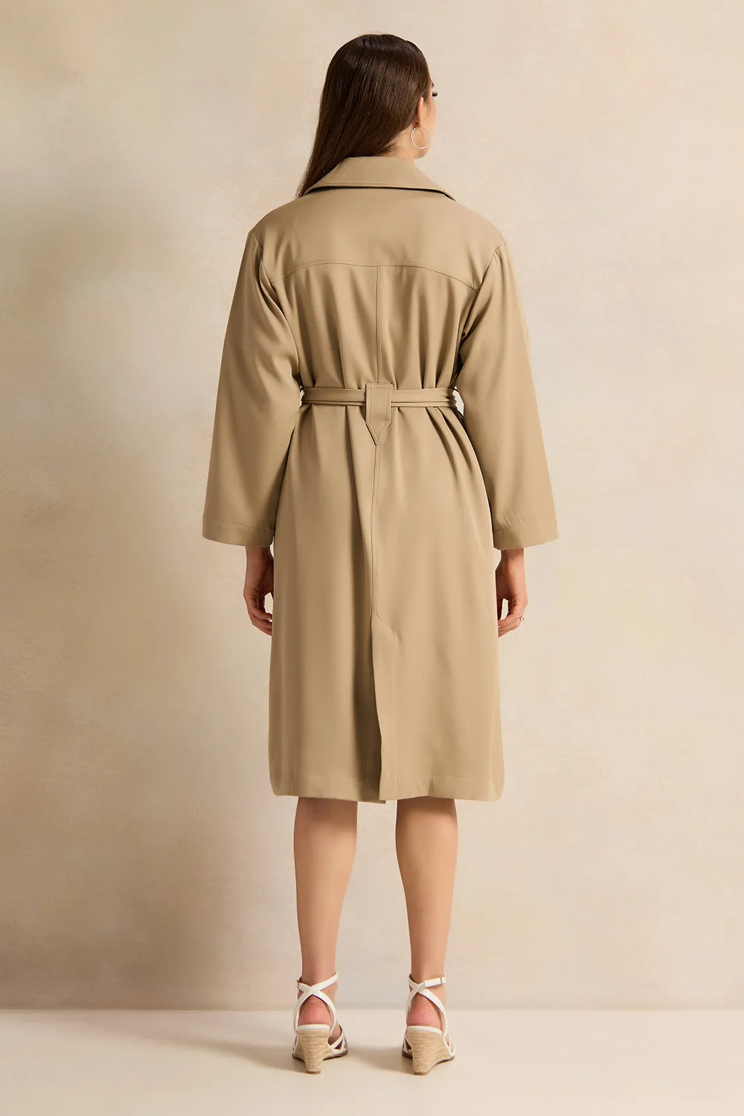 Women Beige Belted Trench Coat sold by Redtag product image thumbnail 3