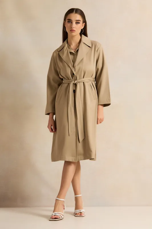 Women Beige Belted Trench Coat sold by Redtag