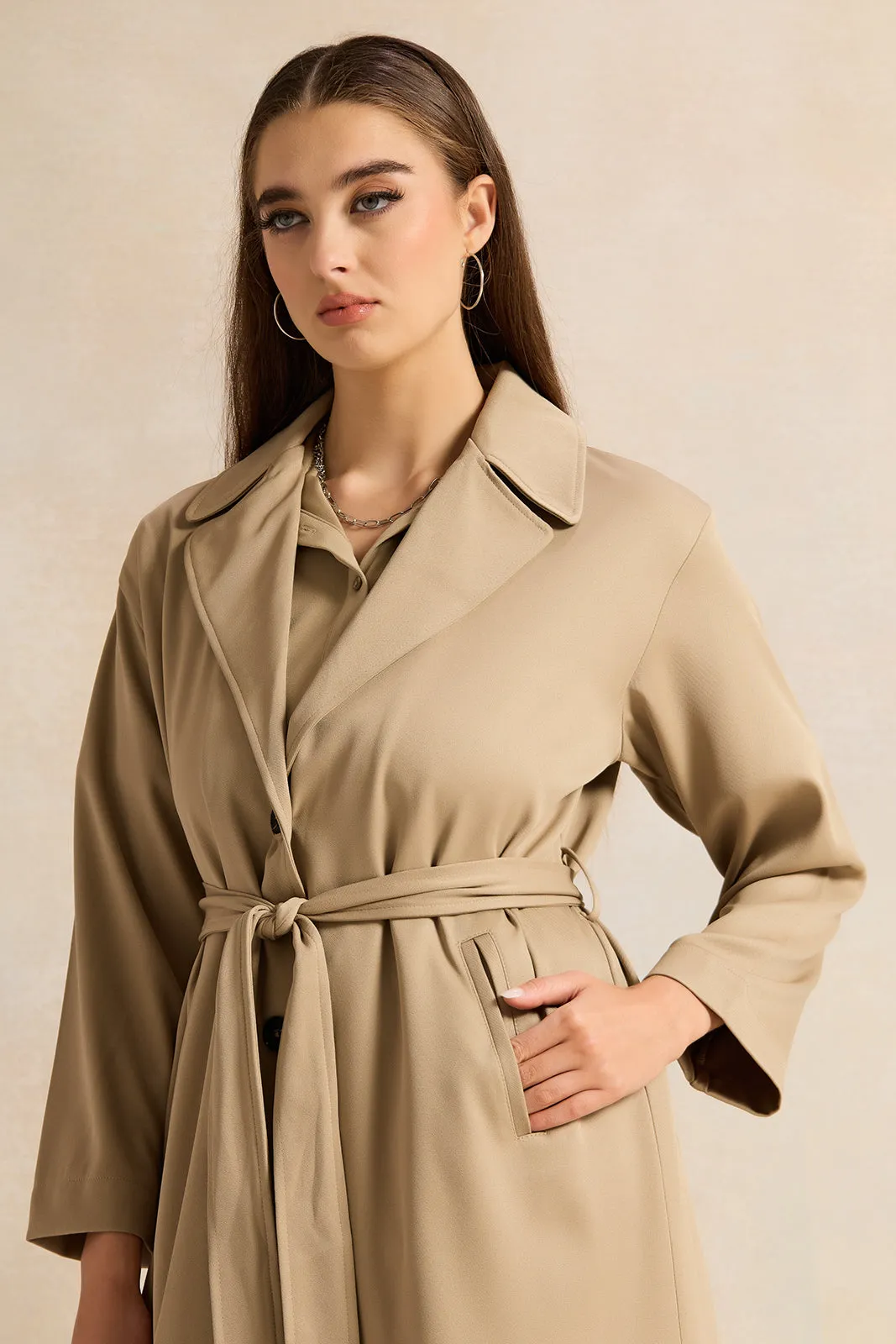 Women Beige Belted Trench Coat sold by Redtag product image thumbnail 2