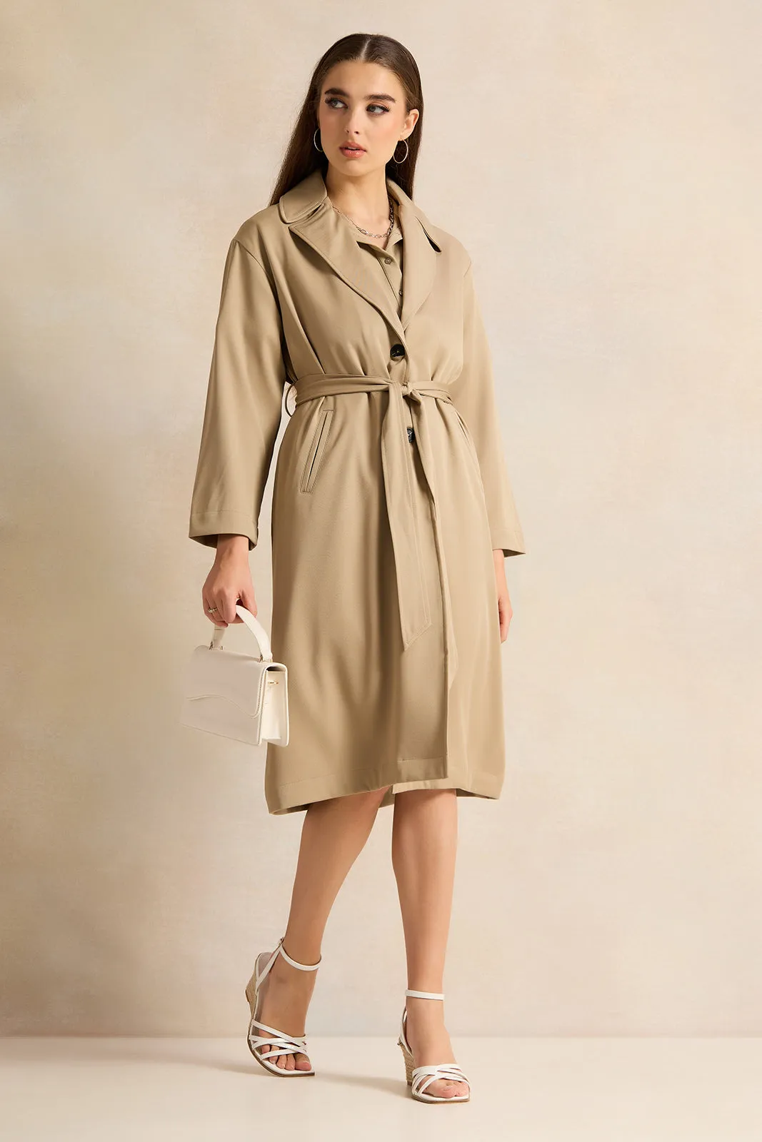 Women Beige Belted Trench Coat sold by Redtag product image thumbnail 4