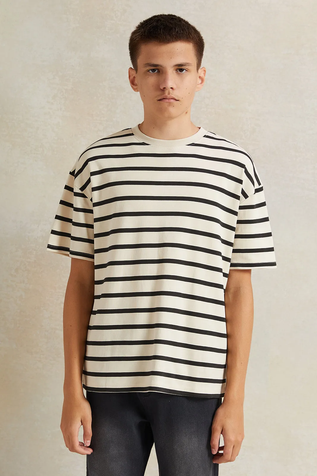 Senior Boys Beige Striped Black T-Shirt sold by Redtag