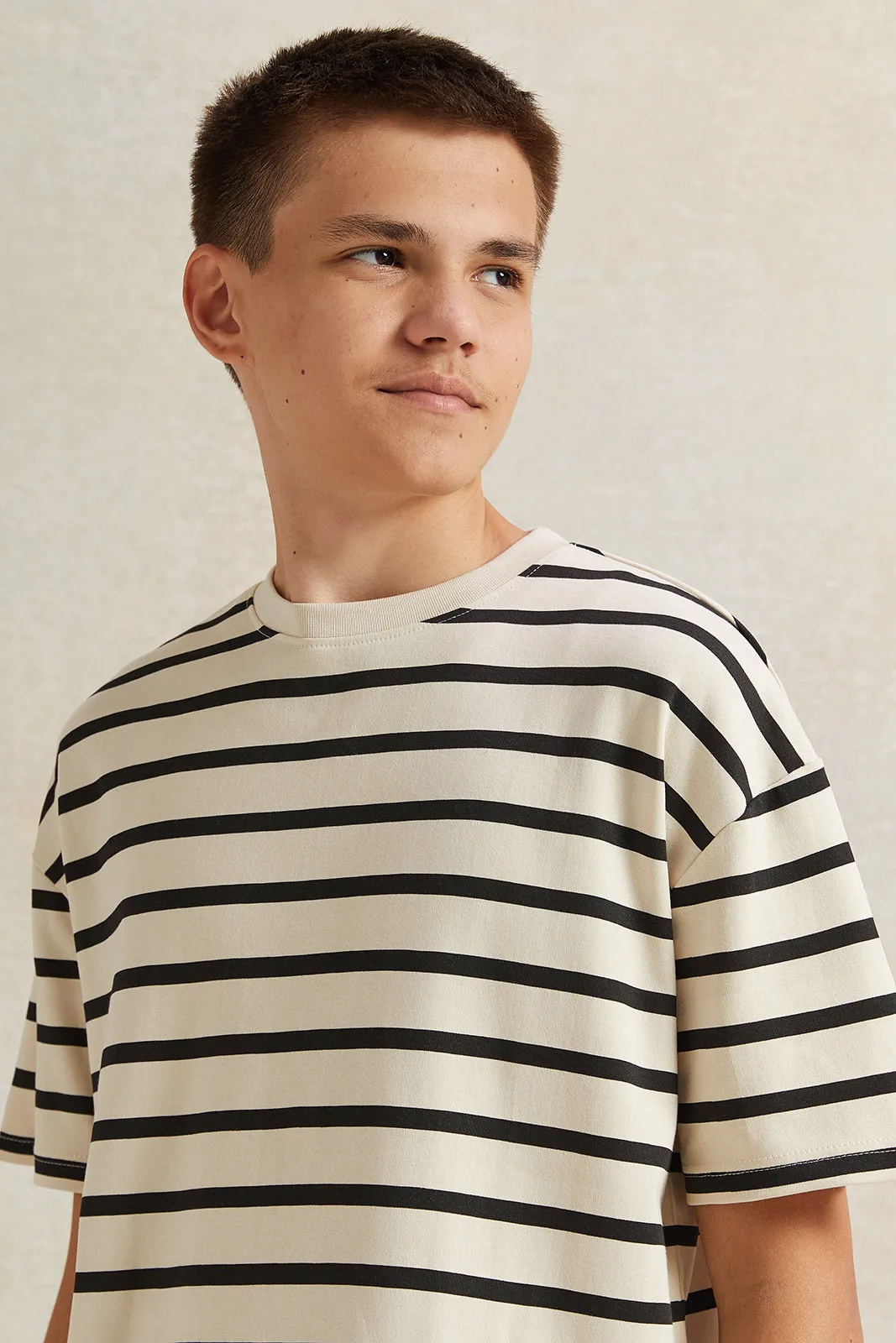 Senior Boys Beige Striped Black T-Shirt sold by Redtag product image thumbnail 4