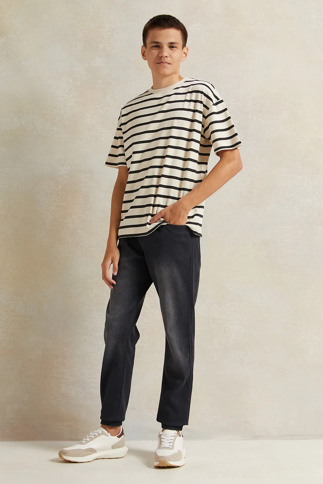 Senior Boys Beige Striped Black T-Shirt sold by Redtag product image thumbnail 2