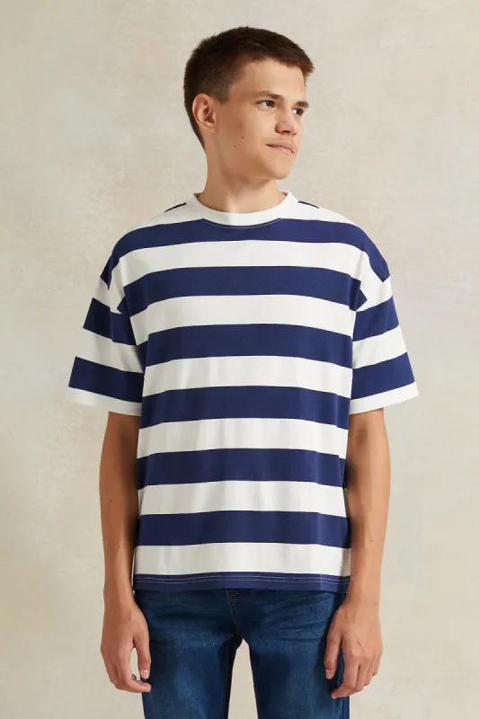 Senior Boys White Striped Navy T-Shirt sold by Redtag