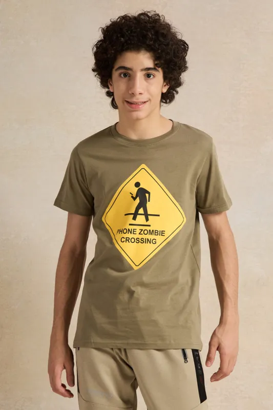 Senior Boys Olive Graphic T-Shirt sold by Redtag