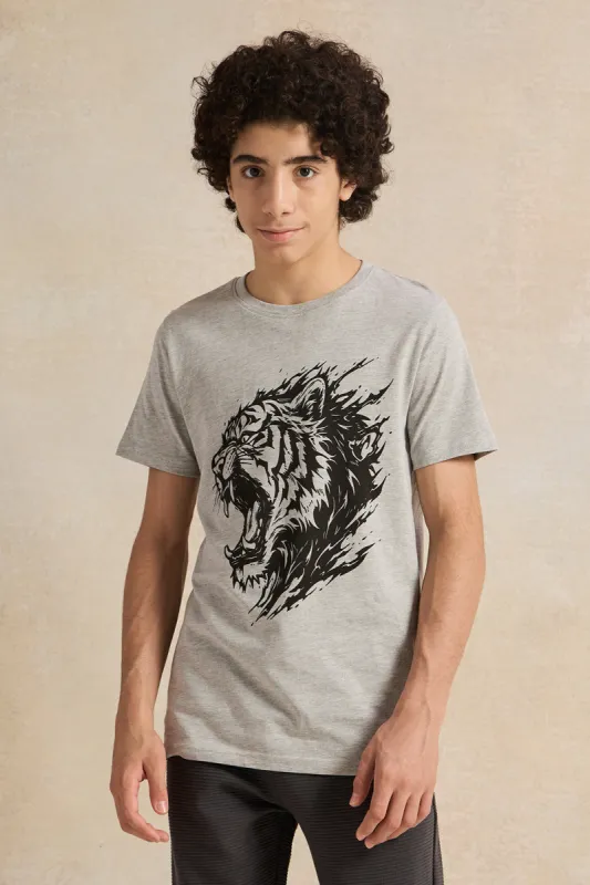 Senior Boys Grey Tiger Roaring Graphic T-Shirt sold by Redtag