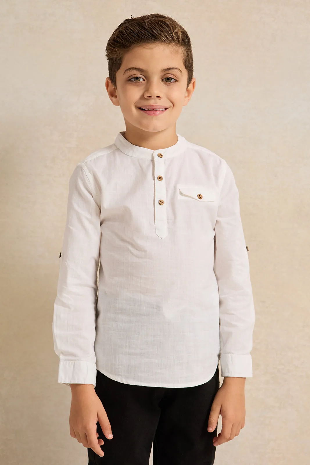 Boys White Long Sleeved Mandarin Shirt sold by Redtag