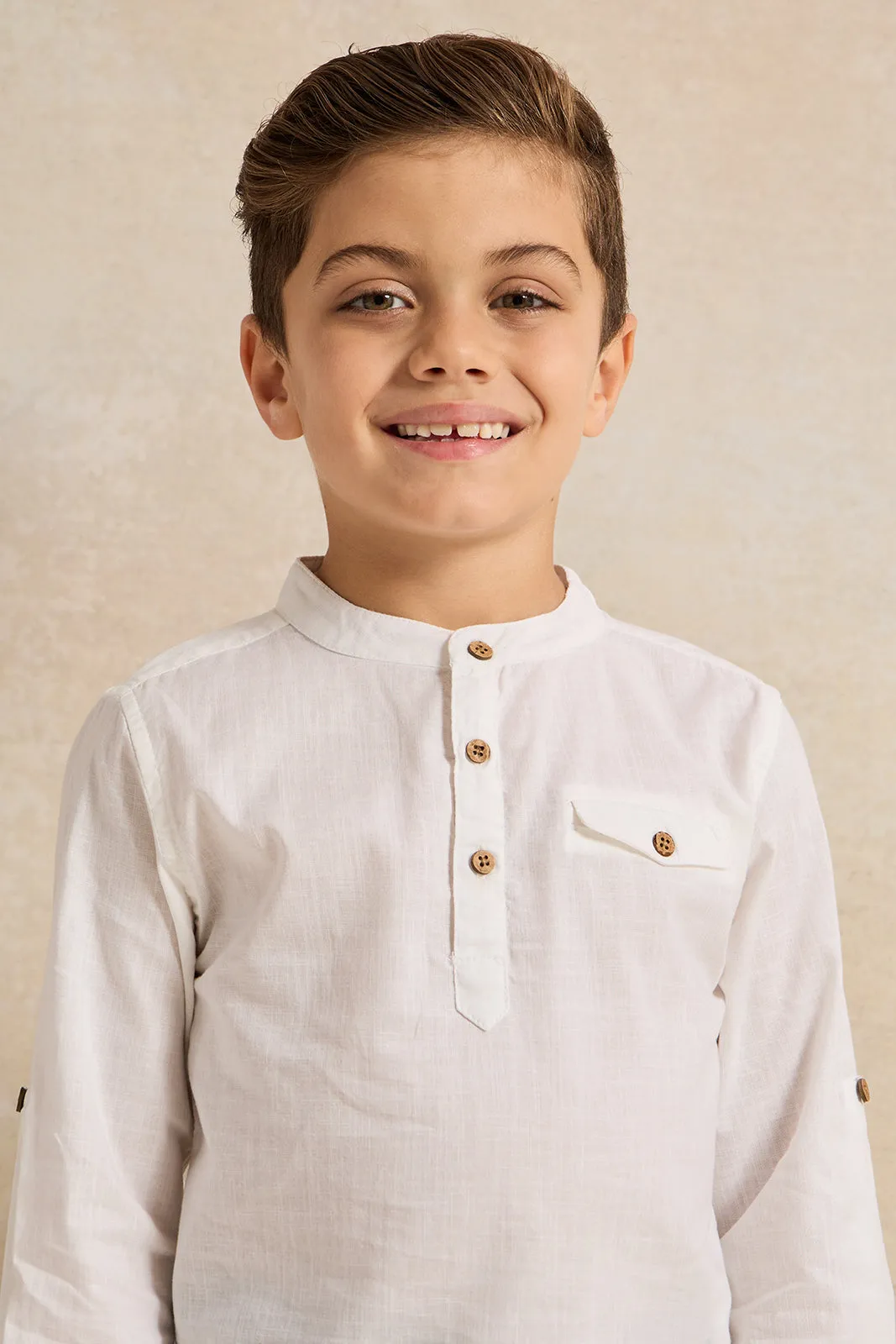 Boys White Long Sleeved Mandarin Shirt sold by Redtag product image thumbnail 4