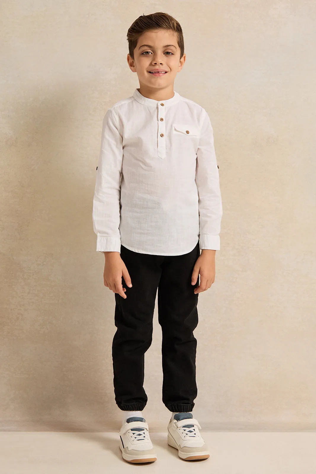 Boys White Long Sleeved Mandarin Shirt sold by Redtag product image thumbnail 2
