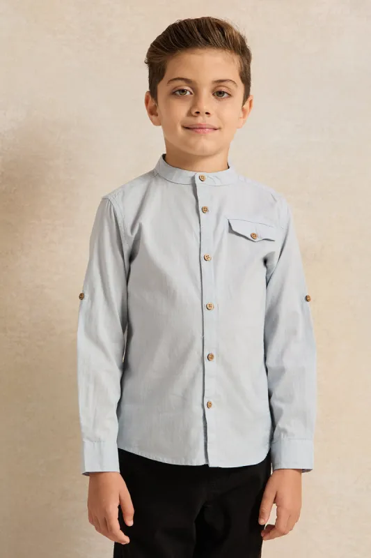 Boys Grey Long Sleeved Mandarin Shirt sold by Redtag