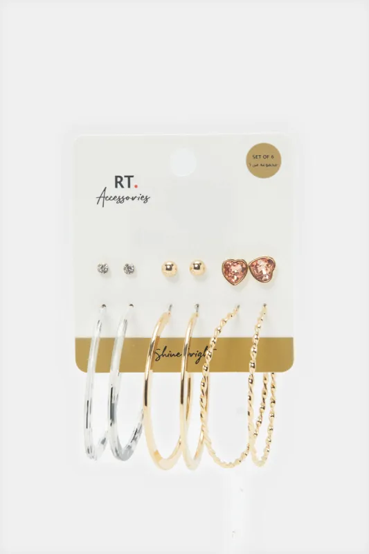 Women Gold Embellished Studs (6 Pairs) sold by Redtag