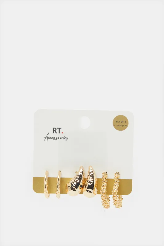 Women Gold Embellished Earrings (3 Pairs) sold by Redtag