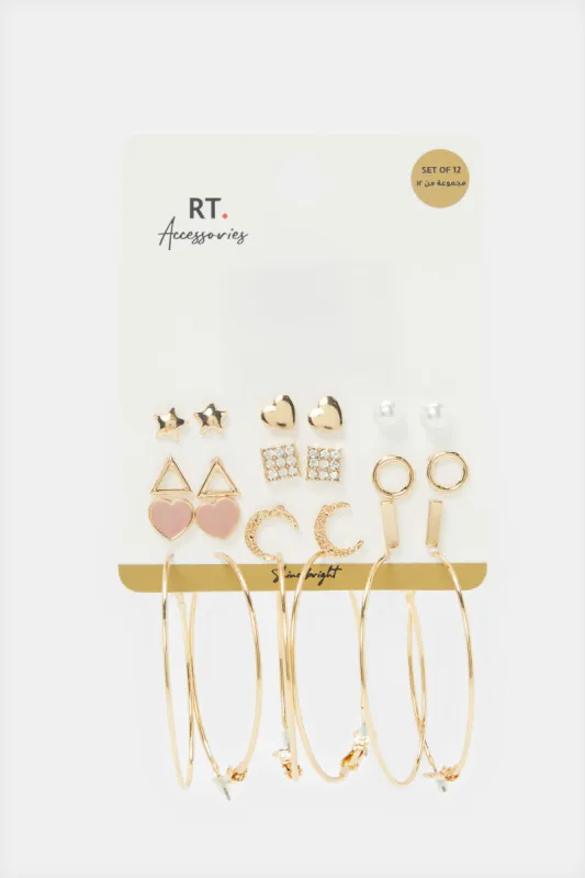 Women Gold Embellished Earrings Set (12 Pairs) sold by Redtag