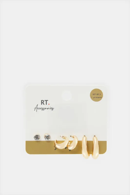 Women Gold Embellished Earrings Set (3 Pairs) sold by Redtag