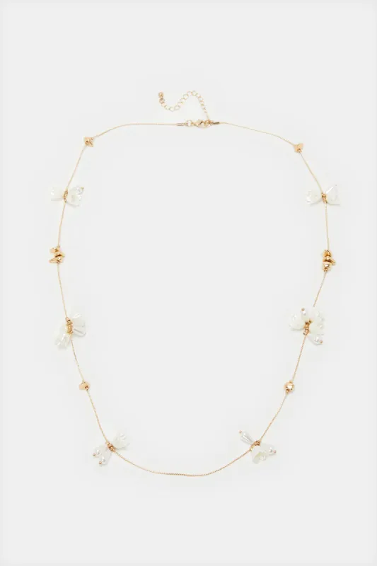 Women Gold And White Embellished Necklace sold by Redtag