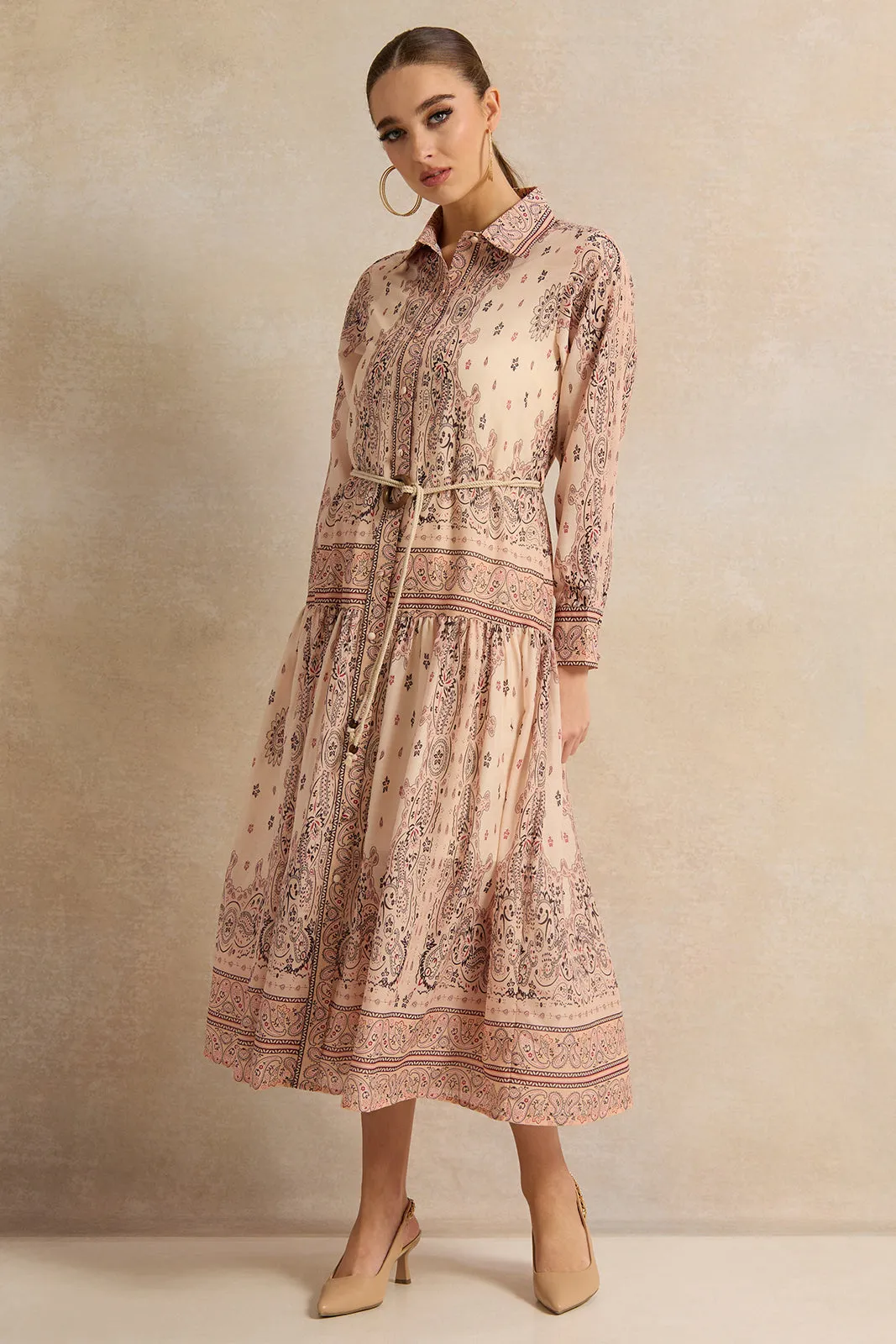 Women Beige Printed Belted Maxi Dress sold by Redtag