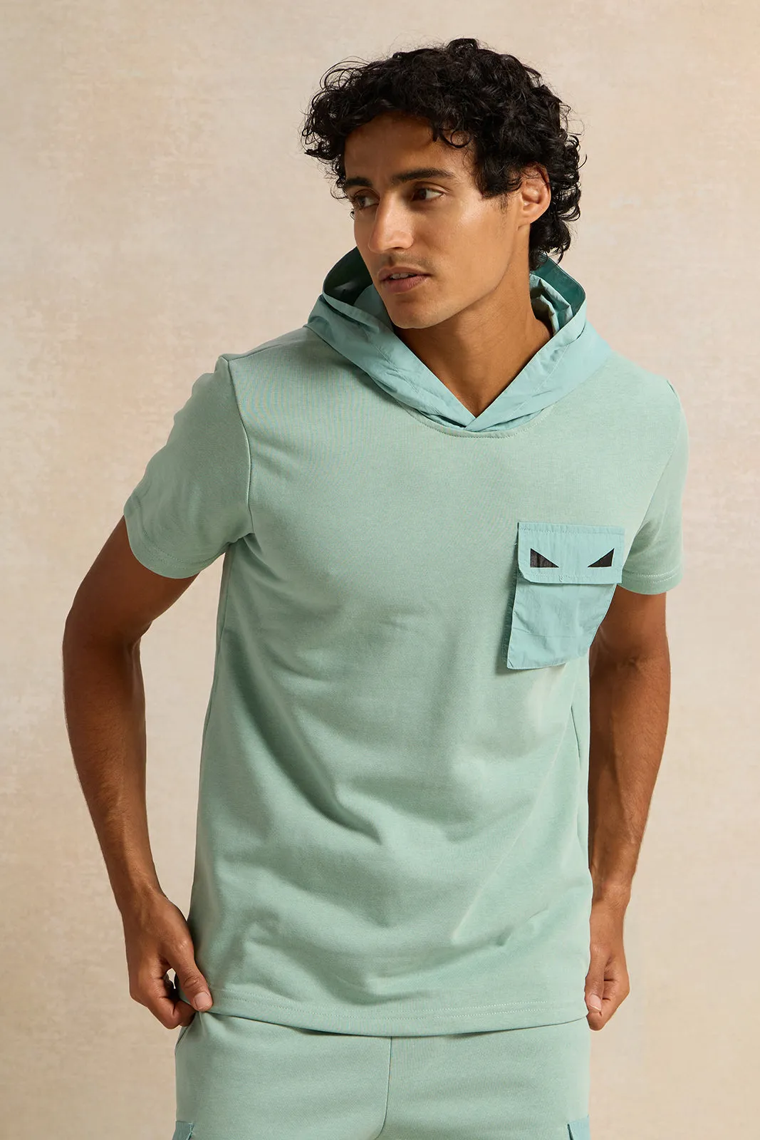 Men Teal Hooded T-Shirt sold by Redtag