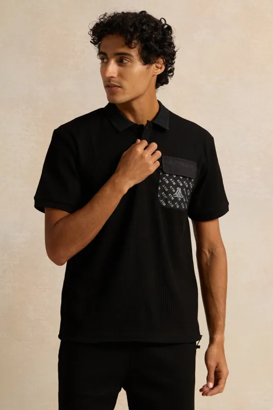 Men Black Printed Pocket Polo Shirt sold by Redtag