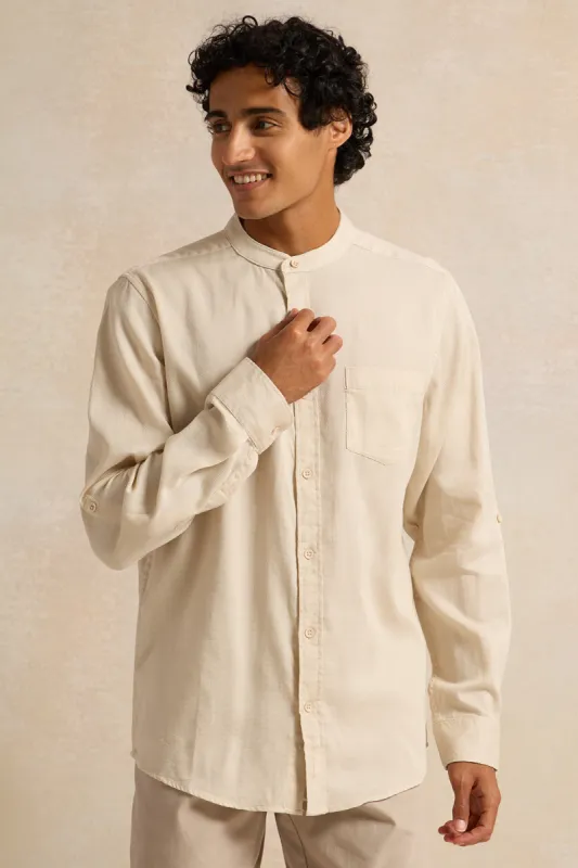 Men Beige Mandarin Casual Shirt made by Redtag