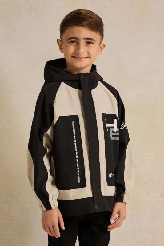 Boys Black And Beige Hooded Zip-Through Jacket sold by Redtag