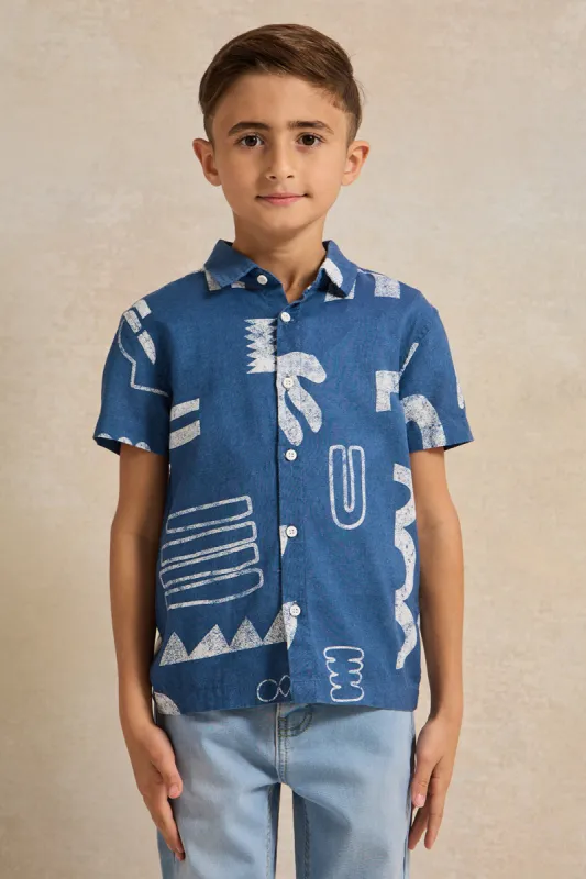 Boys Blue Linen Allover Print Shirt sold by Redtag