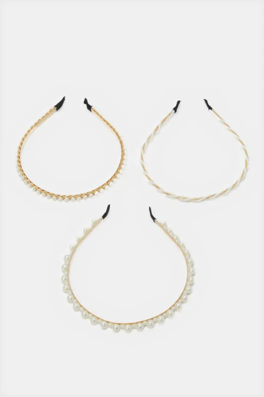 Women White And Gold Embellished Headband Set (3 Piece) sold by Redtag