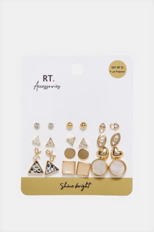Women Gold Embellished Studs (Pack of 12) sold by Redtag