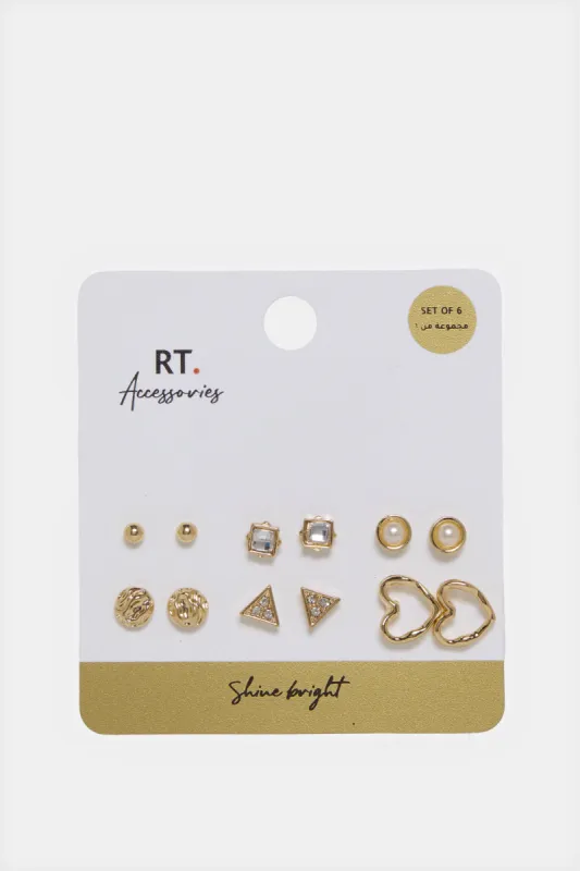 Women Gold Embellished Earring Pack (6 Pairs) sold by Redtag