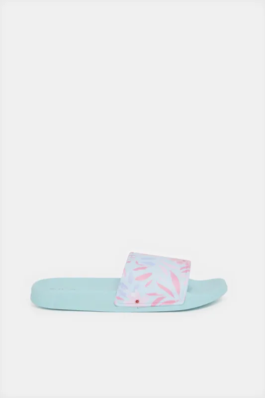 Women Blue Floral Print Slppers sold by Redtag
