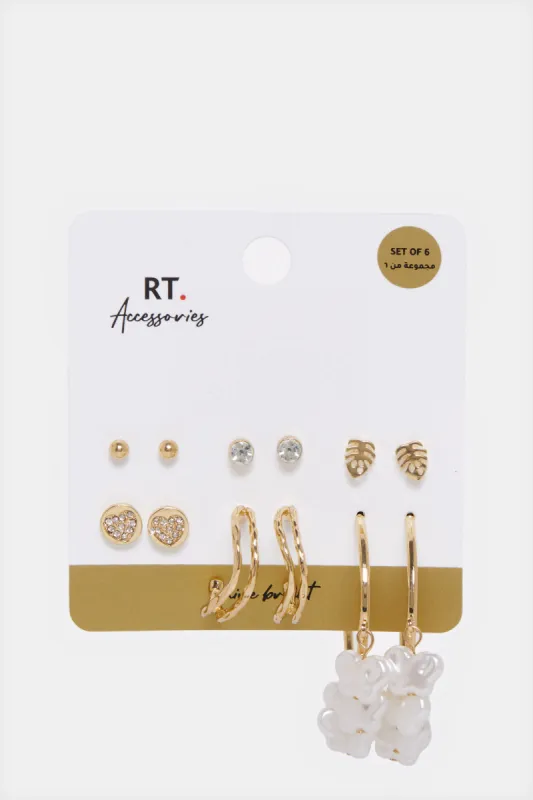 Women Gold Embellished Earring Set (6 Pairs) sold by Redtag