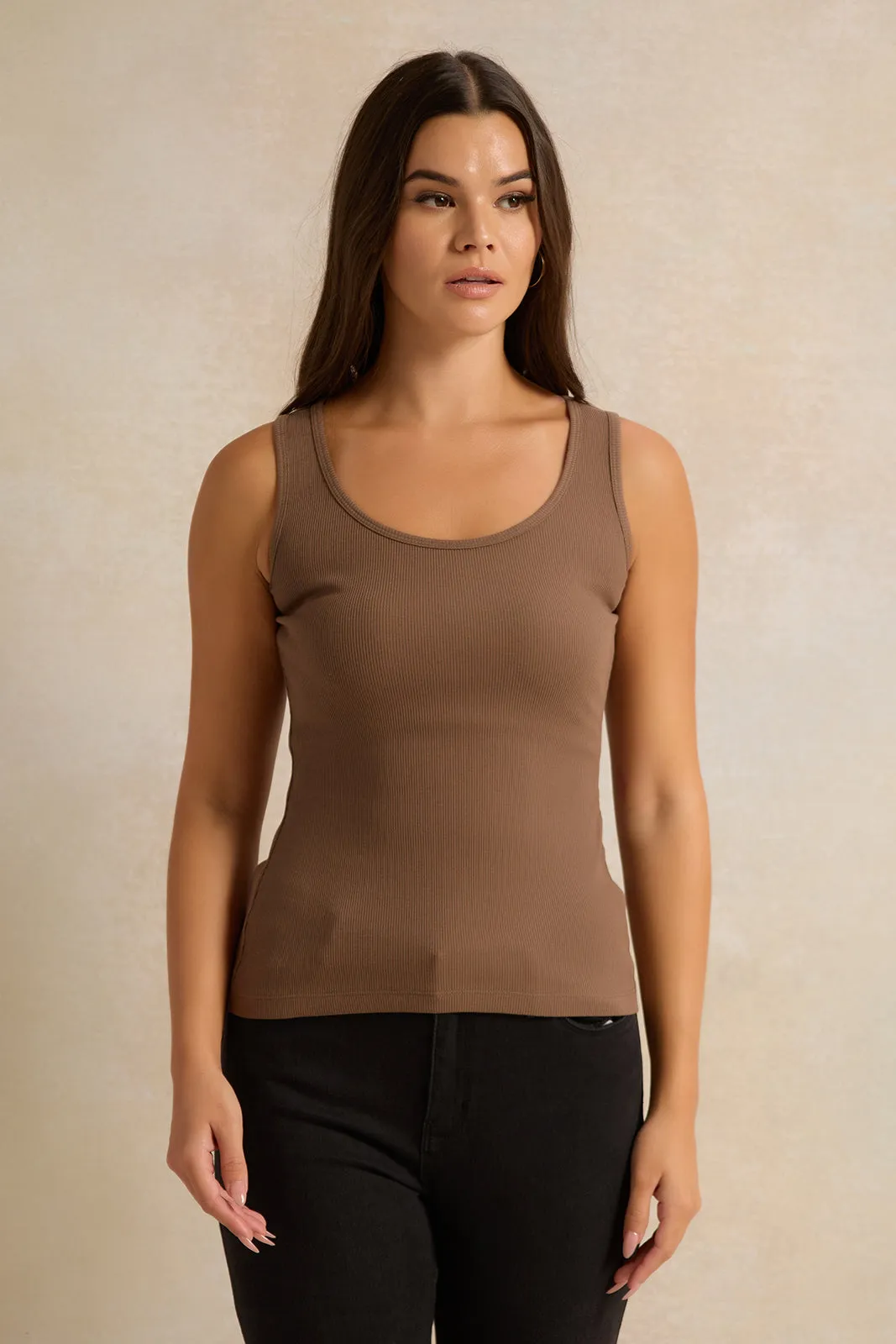 Women Brown Plain Sleeveless Vest sold by Redtag