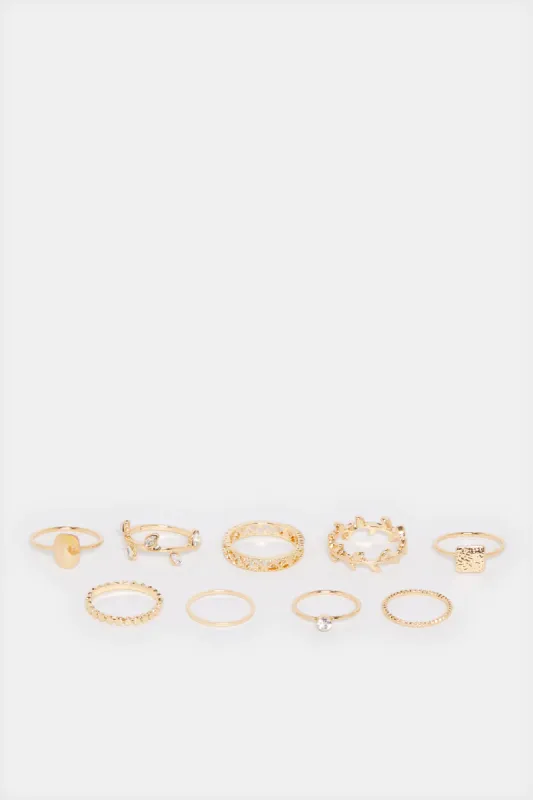 Women Gold Embellished Ring Set (9 Piece) sold by Redtag