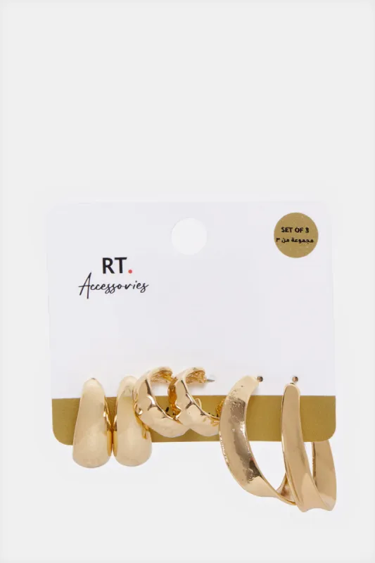 Women Gold Embellished Earrings Set (3 Pairs) sold by Redtag