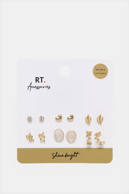 Women Gold Embellished Studs (6 Pairs) sold by Redtag