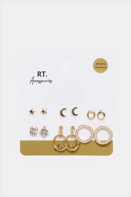 Women Gold Embellished Studs (6 Pairs) sold by Redtag